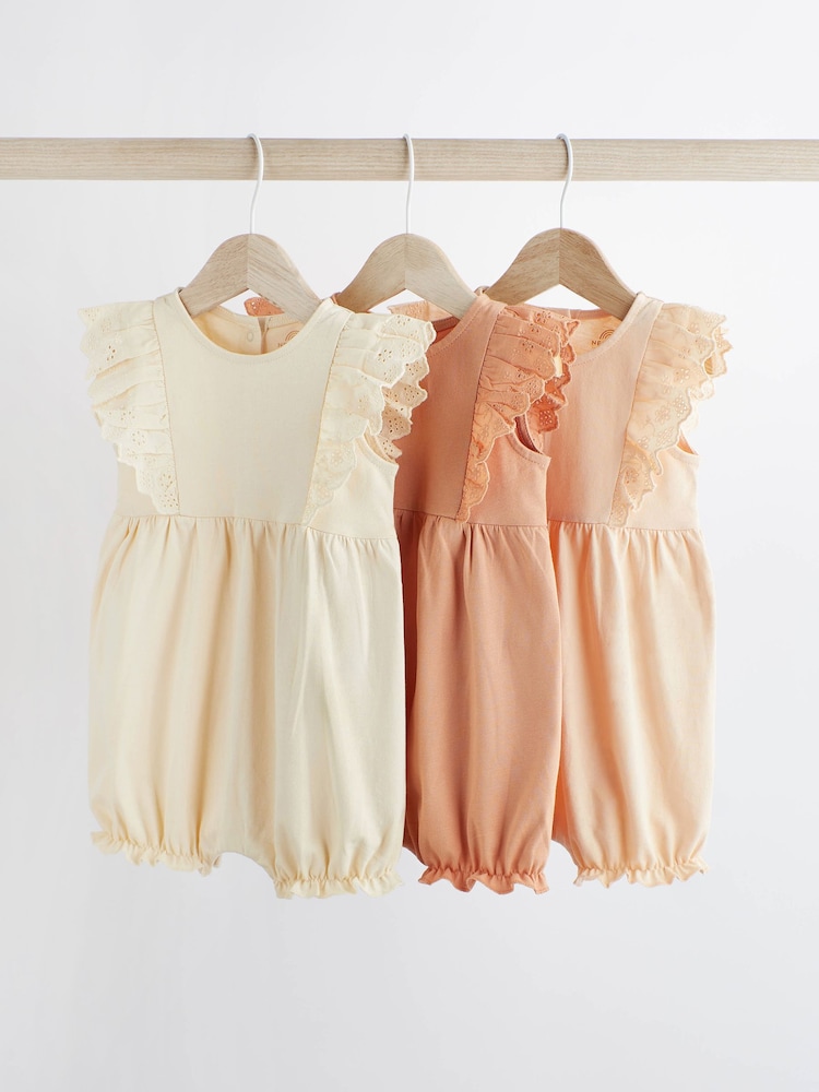 Pink/Cream Broderie Baby 100% Cotton Rompers 3 Pack - Image 1 of 11