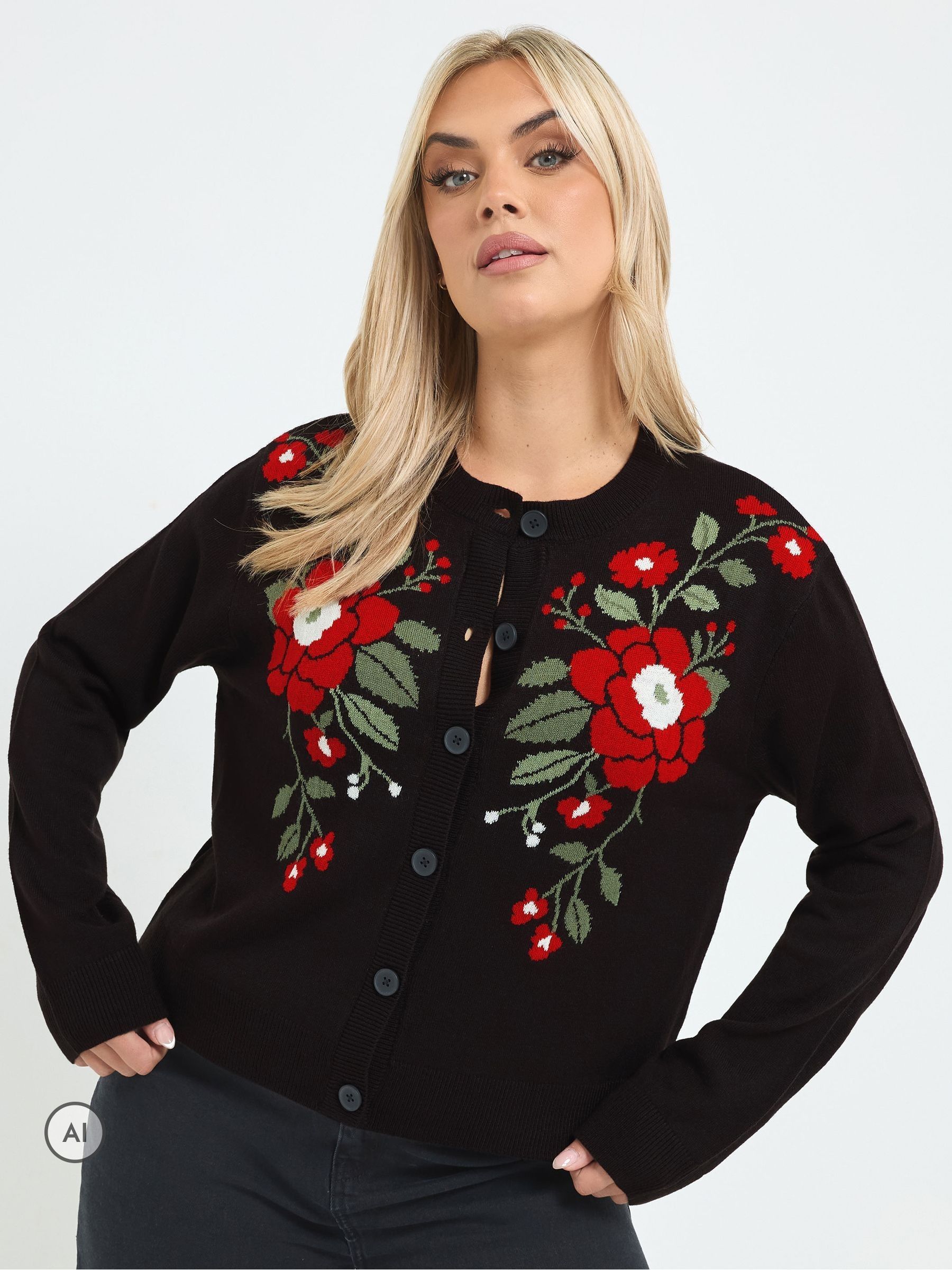 Yours Women's Black Rose Knitted Cardigan In | Size: 22-24 - Image 6
