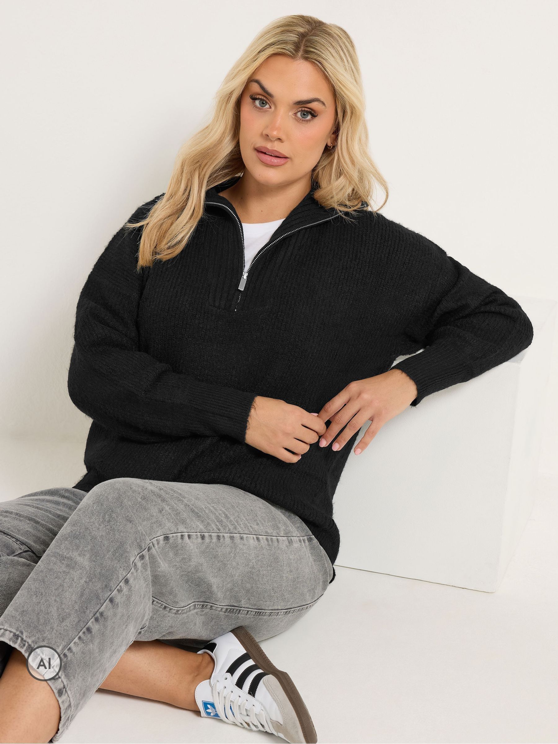 Yours Black Curve Zip Neck Knitted Jumper - Image 3