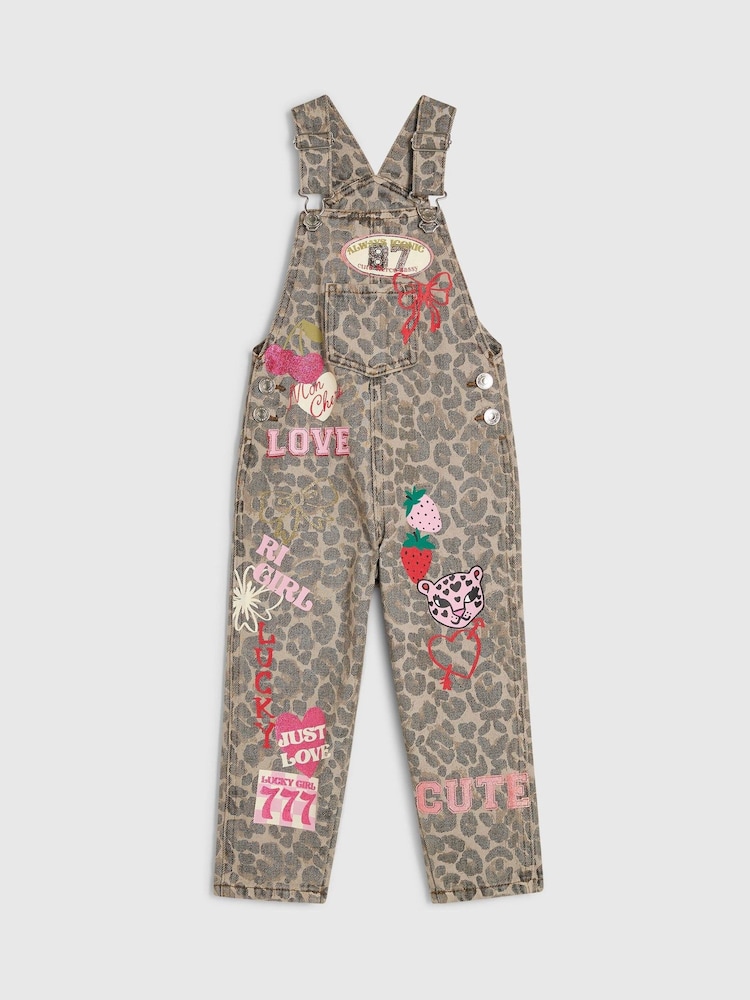 River Island Brown Leopard Badged Dungarees - Image 1 of 4 River Island Brown Leopard Badged Dungarees - Image 1 of 4