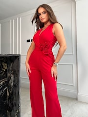 Girl In Mind Red Twist Front Wide Leg Jumpsuit - Image 1 of 4