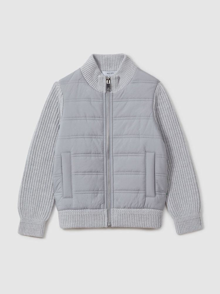 Reiss Soft Grey Melange Trainer 9-14 yrs Hybrid Zip Through Quilted Jacket - Image 1 of 8
