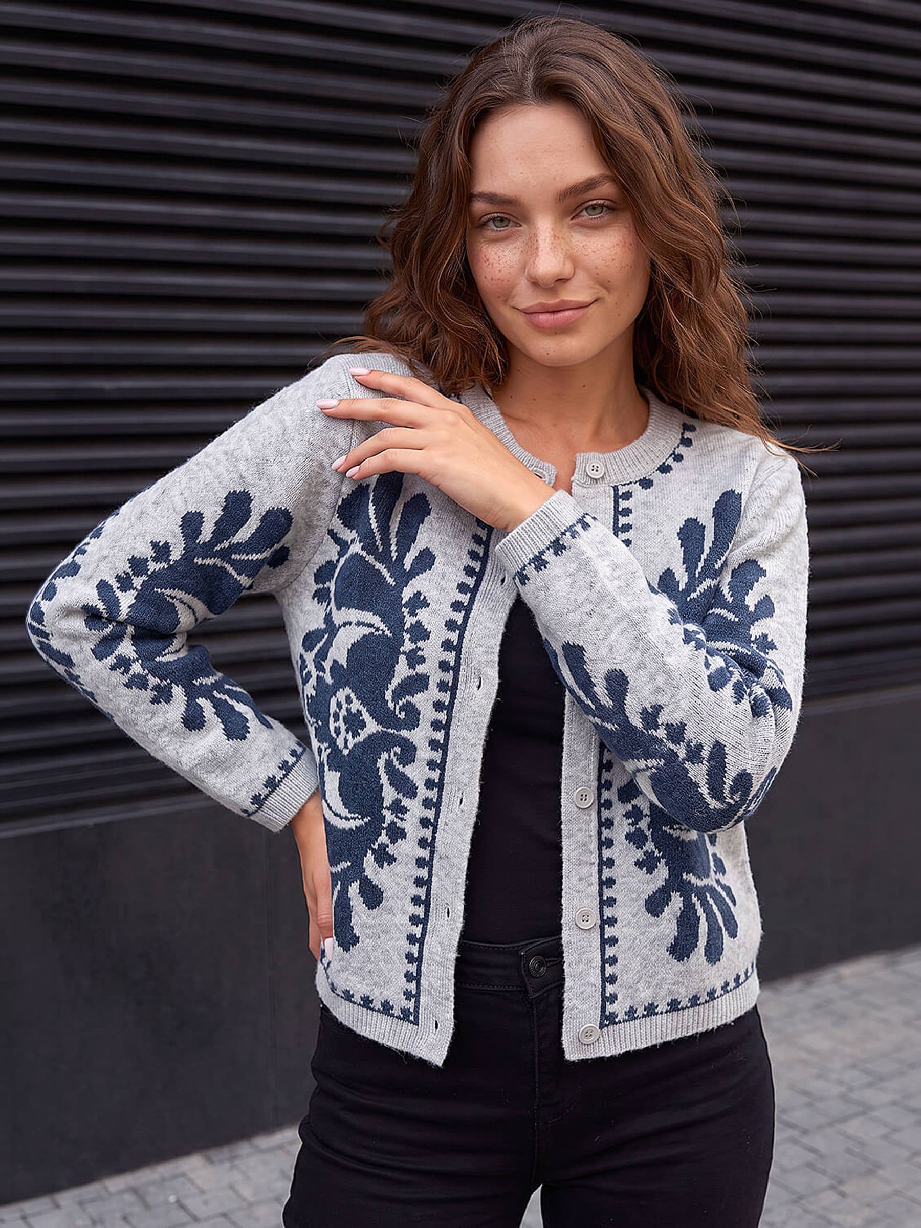 Roman Women's Navy Petite Abstract Buttoned Cardigan In | : Size 18 - Image 2
