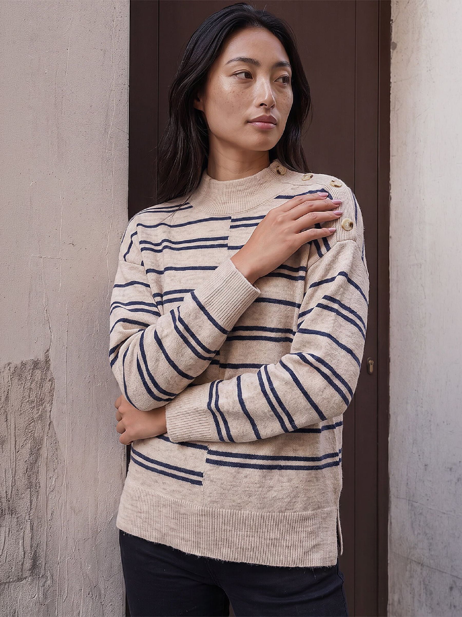 Roman Women's Petite Stripe Button Jumper in Stone | Size: 18 - Image 2