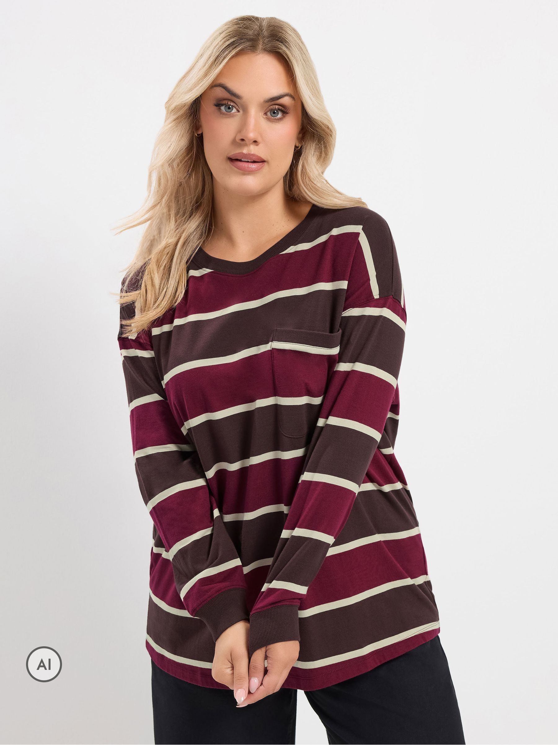 Yours Women's Brown Stripe Long Sleeve Pocket Top In | : 30/32 - Image 3