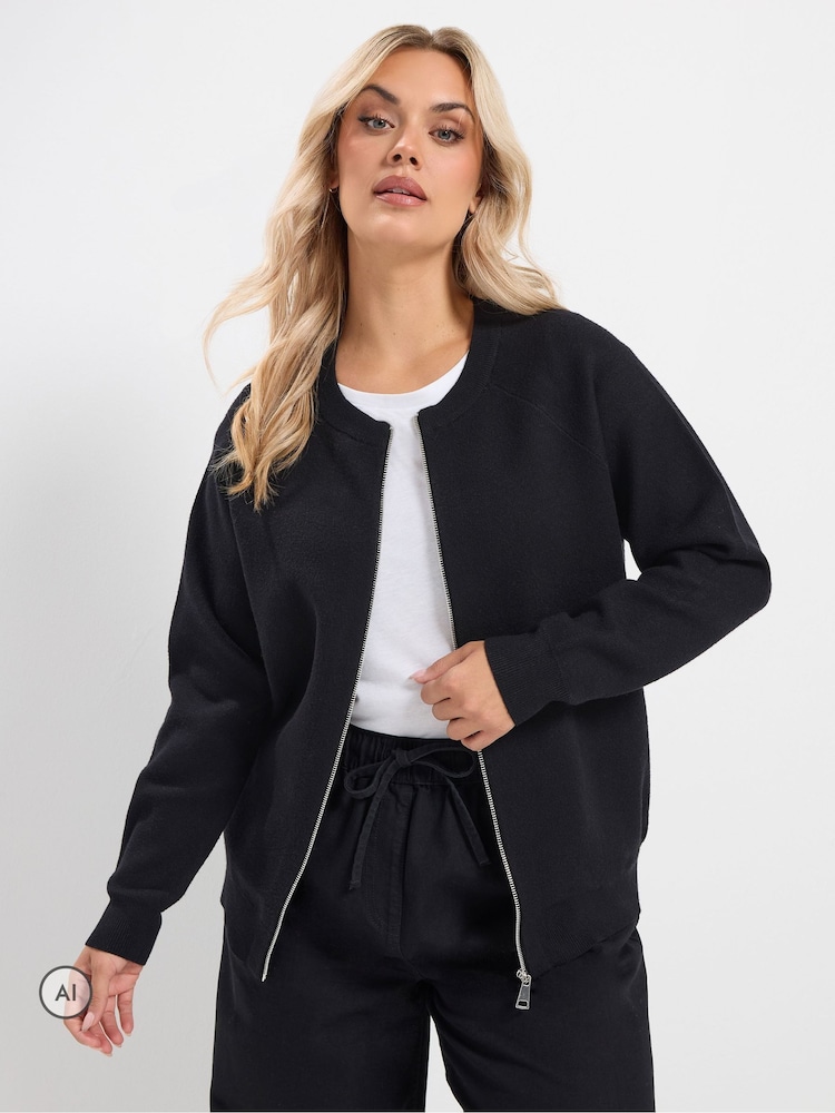 Yours Curve Black Knitted Bomber Jacket - Image 1 of 7