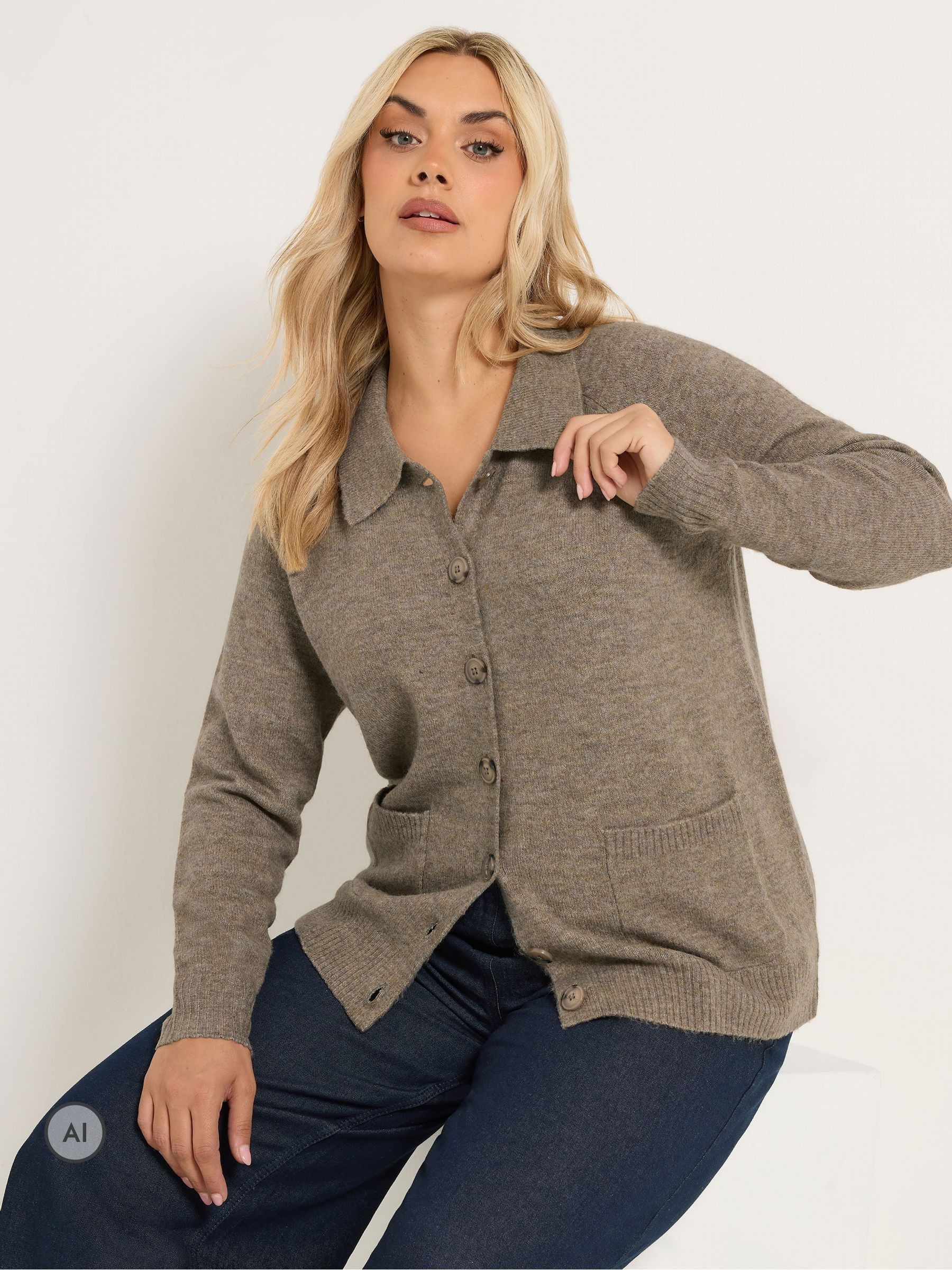 Yours Women's Natural Collared Knitted Cardigan Sweater In | : 30/32 - Image 2