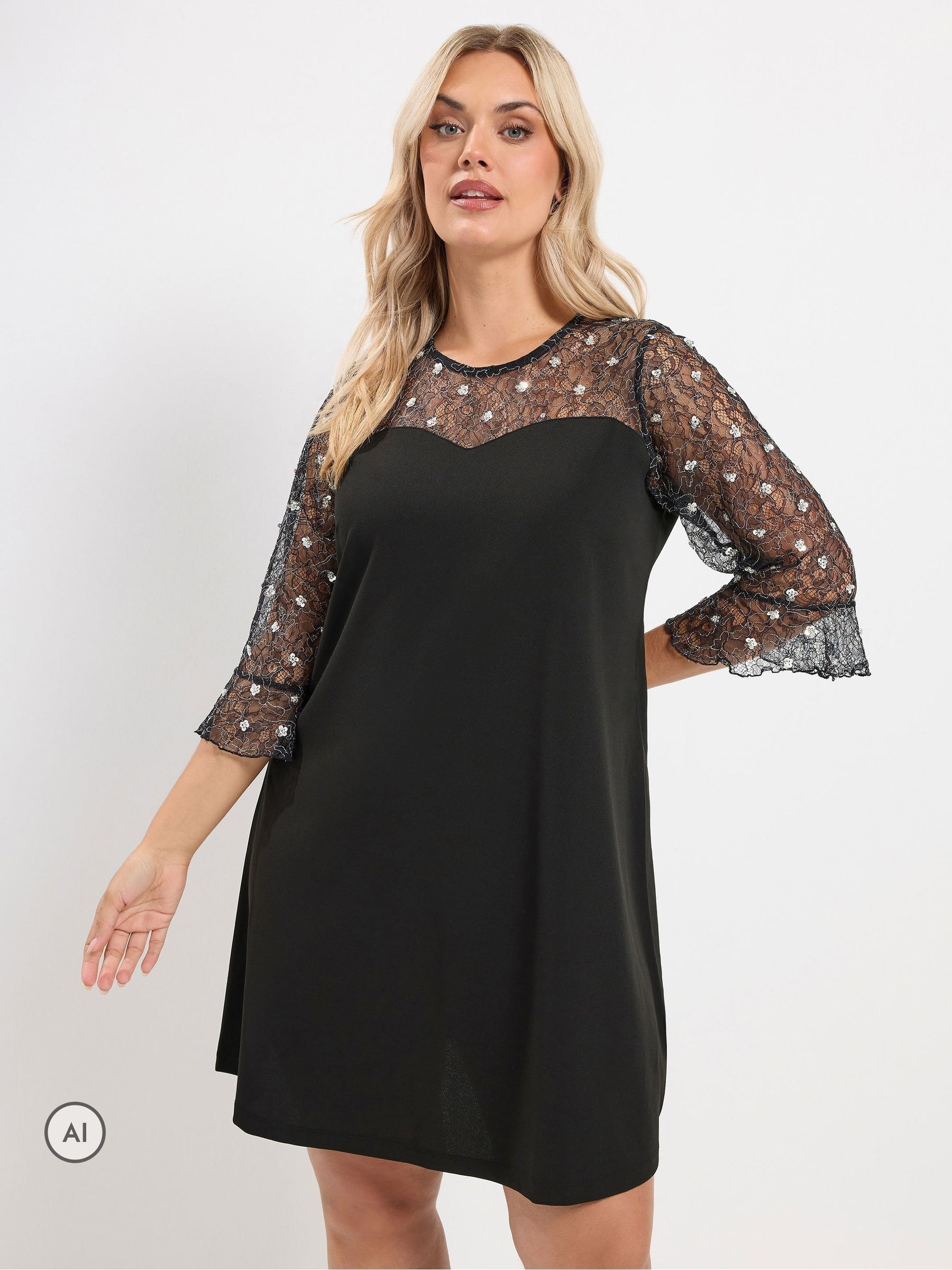Yours Women's Black Floral Lace Mini Dress In | Size: 34/36 - Image 2