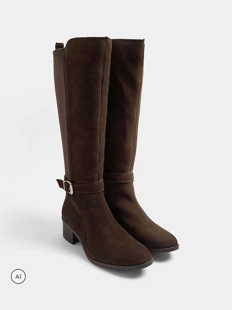 Evans Brown Suede Buckle Knee High Heeled Boots - Image 2 of 4 Evans Brown Suede Buckle Knee High Heeled Boots - Image 2 of 4