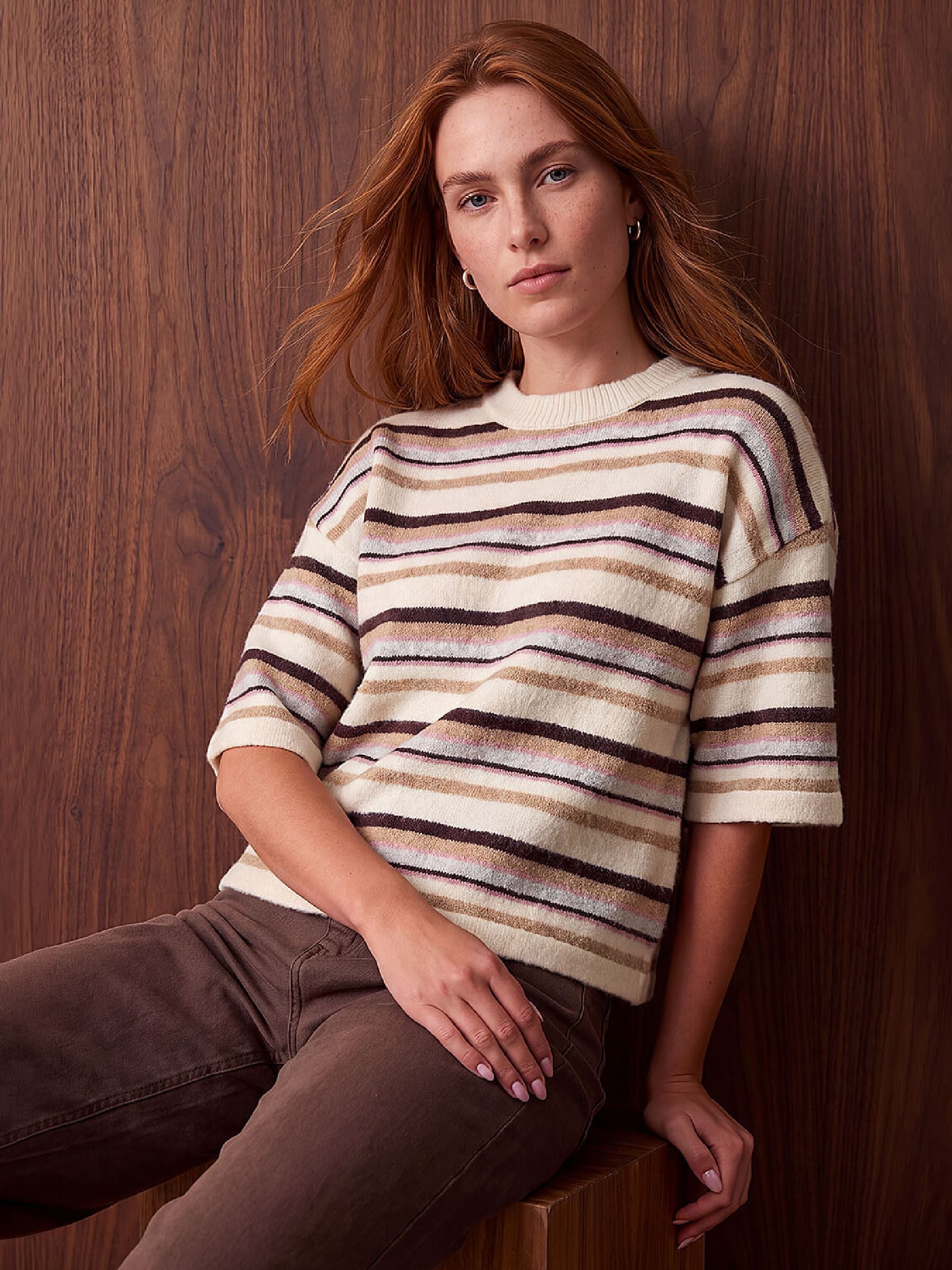 Roman Women's Beige Stripe Short Sleeve Knit Top In Size 20 - Image 2
