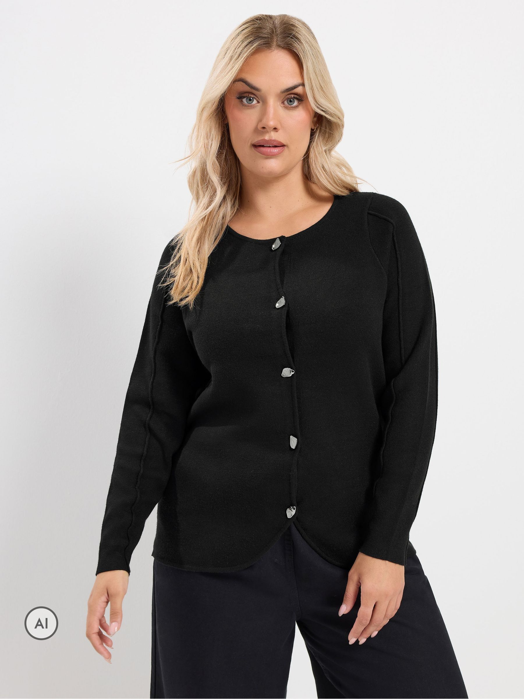 Yours Women's Black Seam Detail Cardigan Sweater In | : 30/32 - Image 2