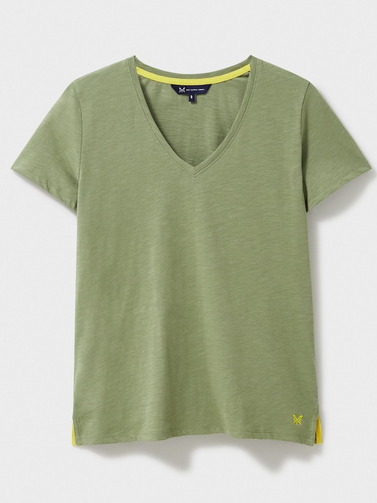 Crew Clothing Green Light 100% Cotton Perfect V-Neck Slub T-Shirt - Image 5 of 5