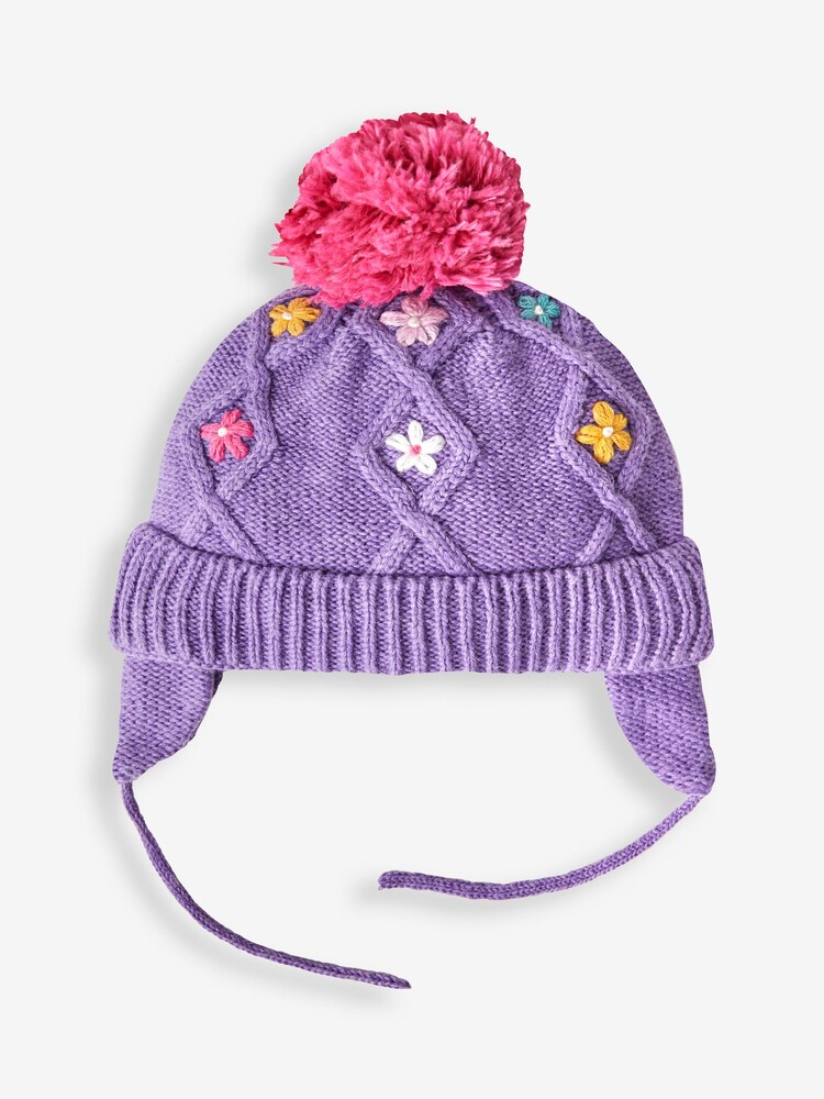 JoJo Maman Bébé Lilac Girls' Floral Embroidered Cable Hat - Image 1 of 2