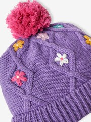 JoJo Maman Bébé Lilac Girls' Floral Embroidered Cable Hat - Image 2 of 2