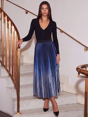 Roman Blue Velvet Ombre Pleated Midi Skirt - Image 3 of 4