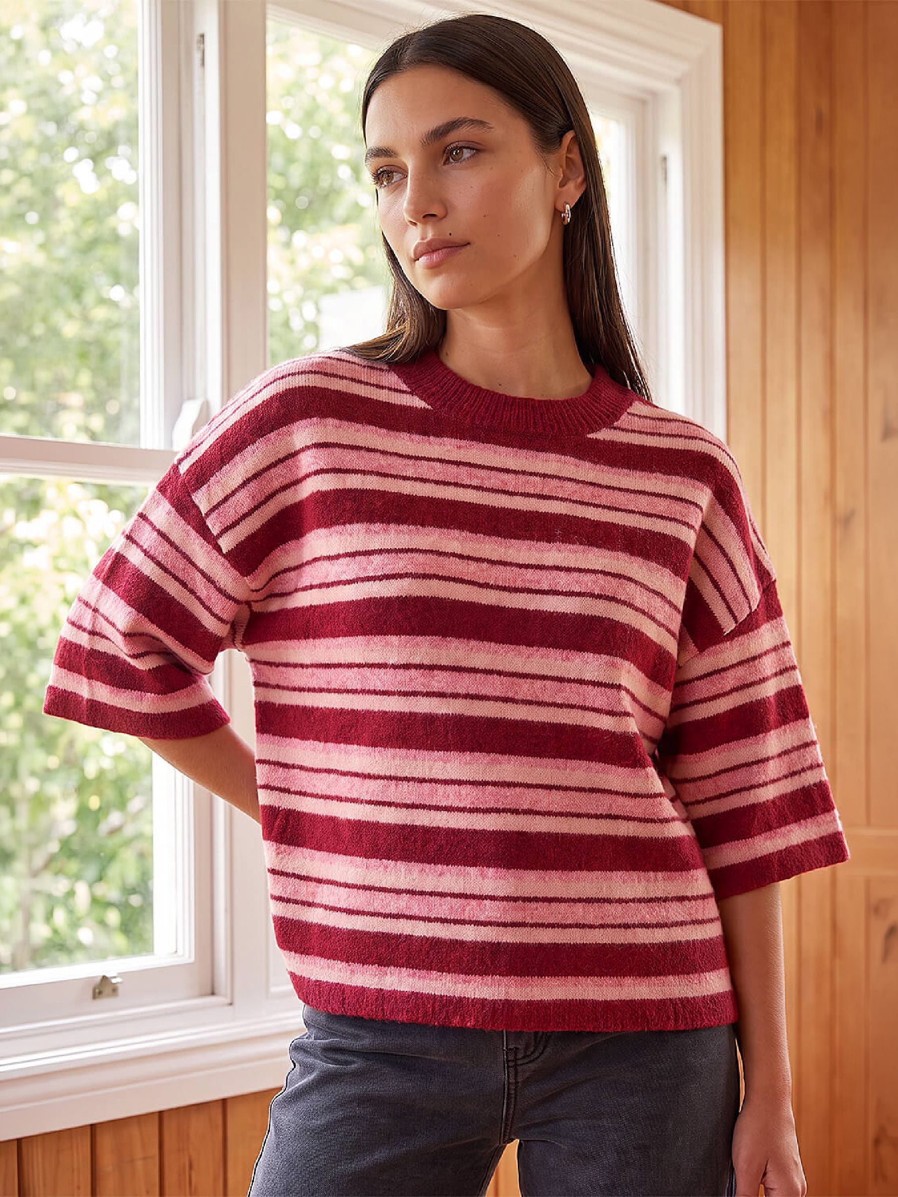 Roman Women's Red Stripe Short Sleeve Knit Jumper Size 20 - Image 2