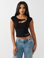 True Religion Black Crystal Hs Cut Out Rib Short Sleves Top - Image 1 of 5