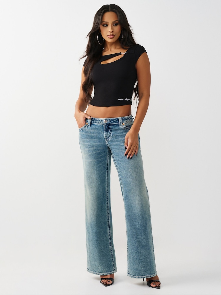 True Religion Black Crystal Hs Cut Out Rib Short Sleves Top - Image 2 of 5