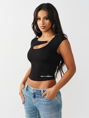 True Religion Black Crystal Hs Cut Out Rib Short Sleves Top - Image 3 of 5