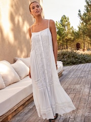 White Embroidered Strappy Maxi Summer Dress - Image 1 of 8
