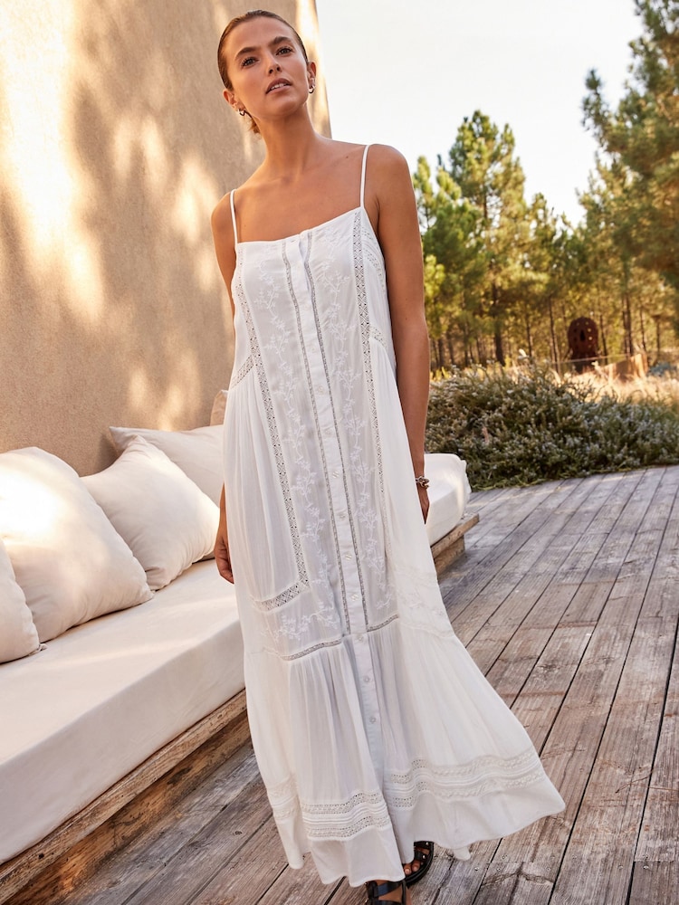 White Embroidered Strappy Maxi Summer Dress - Image 1 of 8