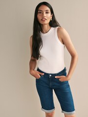 Inky Blue Denim Knee Length Shorts - Image 1 of 5