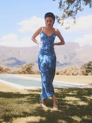 Blue Satin Strappy Tie-Dye Dress - Image 1 of 6