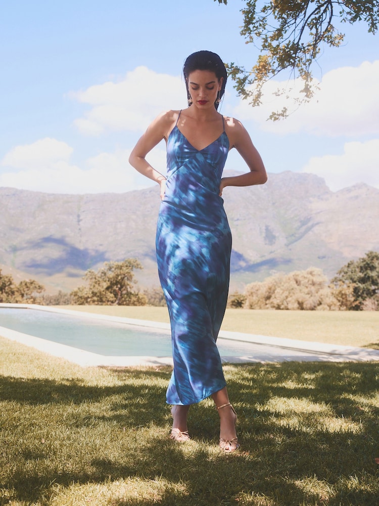 Blue Satin Strappy Tie-Dye Dress - Image 1 of 6