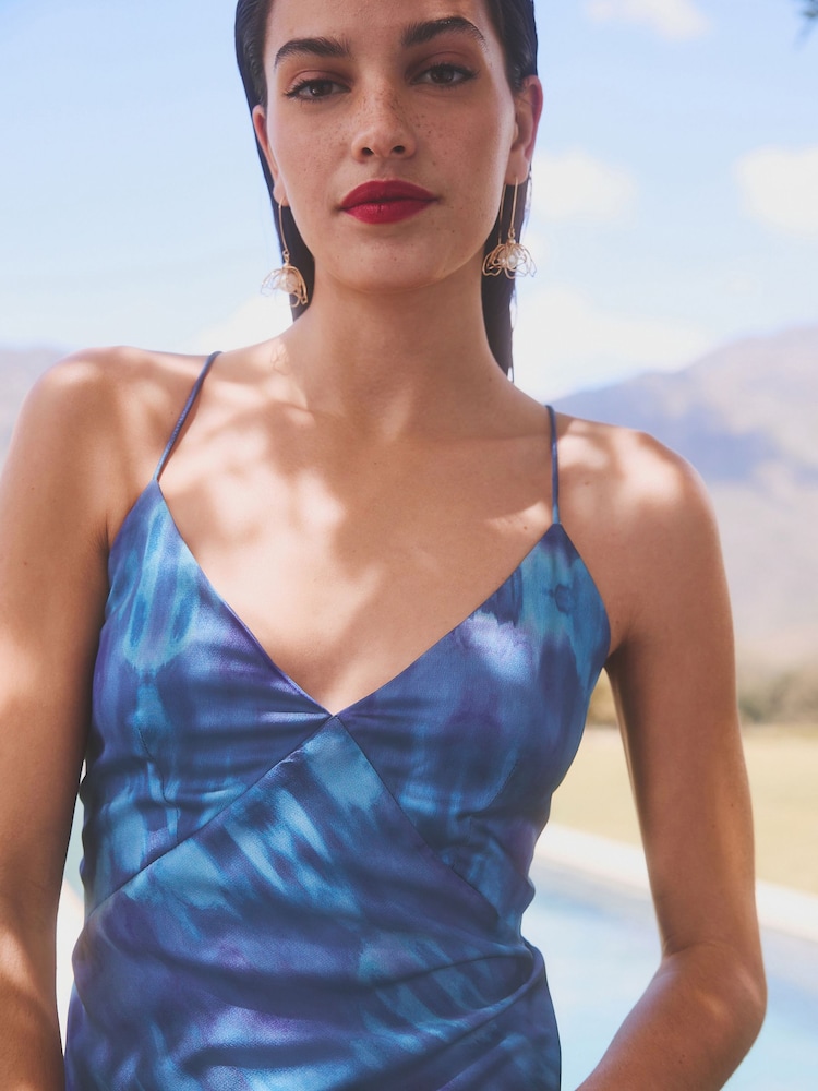 Blue Satin Strappy Tie-Dye Dress - Image 4 of 6