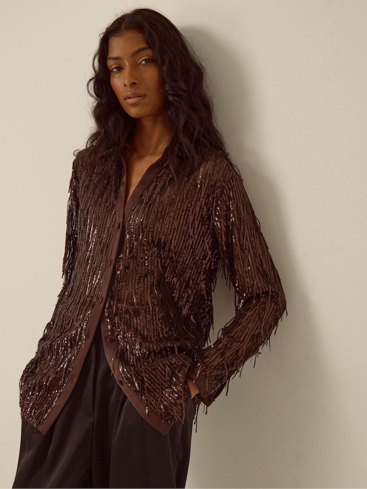 Monsoon Shelby Sequin Fringe Satin Shirt - Εικόνα 1 από 3
