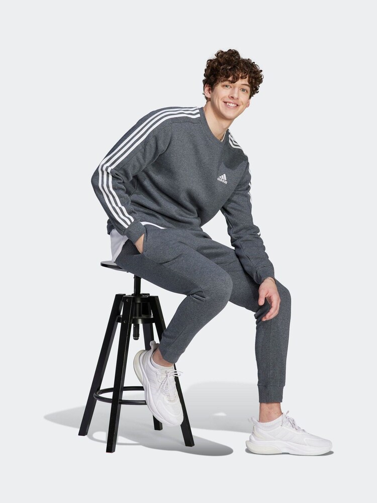 adidas Grey Essentials Fleece 3 Stripes Sweatshirt - Image 4 of 7