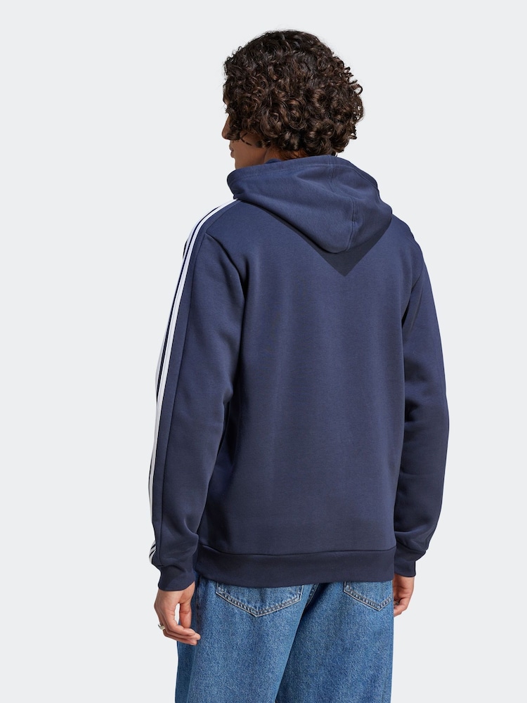 adidas Navy/White Essentials Fleece 3-Stripes 100% Cotton Hoodie - Image 2 of 7