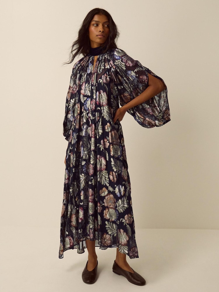Monsoon Hattie High Neck Metallic Jacquard Midi Dress - Image 2 of 5 Monsoon Hattie High Neck Metallic Jacquard Midi Dress - Image 2 of 5