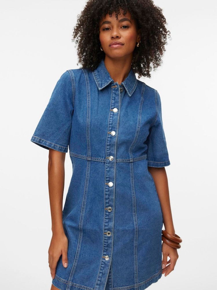 VERO MODA Kortärmad V-ringad Denimklänning - Bild 1 av 6