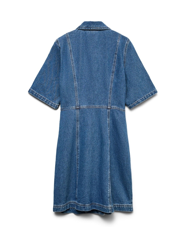 VERO MODA Blue Short Sleeve V Neck Denim Dress - Image 7 of 7 VERO MODA Blue Short Sleeve V Neck Denim Dress - Image 7 of 7