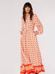 Apricot Orange & White Geo Leaves Border Wrap Dress - Image 1 of 5