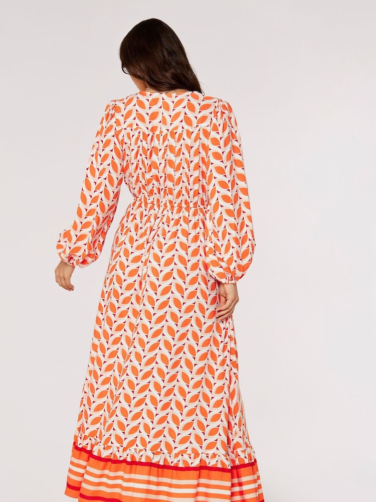 Apricot Orange & White Geo Leaves Border Wrap Dress - Image 2 of 5