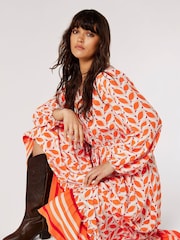 Apricot Orange & White Geo Leaves Border Wrap Dress - Image 4 of 5