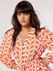 Apricot Orange & White Geo Leaves Border Wrap Dress - Image 5 of 5