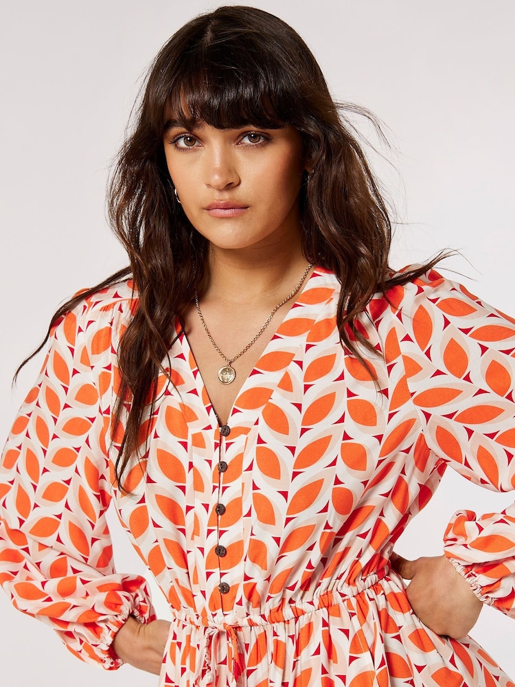Apricot Orange & White Geo Leaves Border Wrap Dress - Image 5 of 5