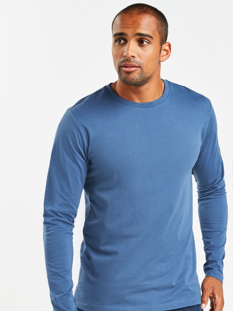Blue Denim Regular Fit 100% Cotton Long Sleeve Crew Neck T-Shirt - Image 1 of 5