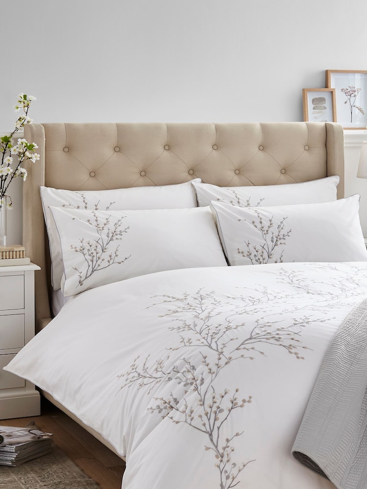 Laura Ashley Dove Grey Pussy Willow Sprig Embroidered 100% Cotton Duvet Cover And Pillowcase Set - Image 1 of 5