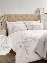 Laura Ashley Dove Grey Pussy Willow Sprig Embroidered 100% Cotton Duvet Cover And Pillowcase Set - Image 2 of 5