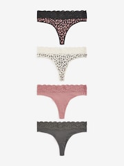 Schwarz/Grau/Creme/Rosa/Bedruckt - Slips aus Baumwolle und Spitze 4er-Pack - Bild 1 von 8