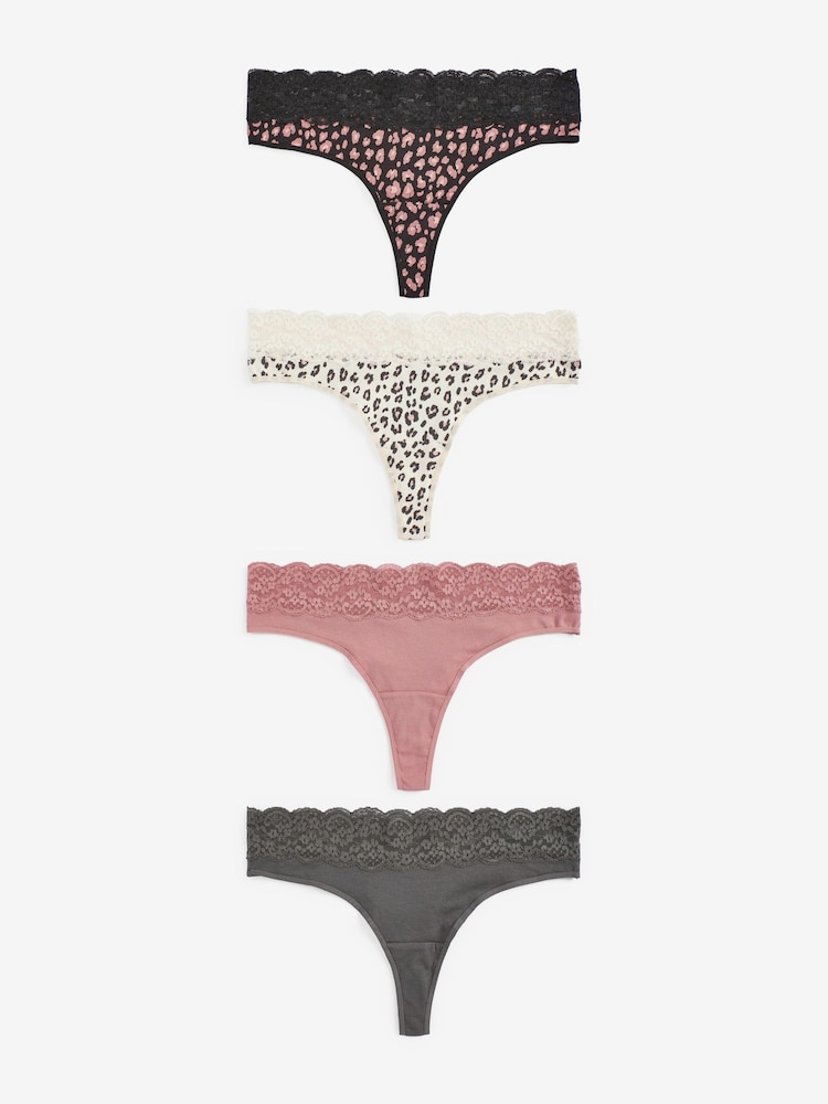 Schwarz/Grau/Creme/Rosa/Bedruckt - Slips aus Baumwolle und Spitze 4er-Pack - Bild 1 von 8