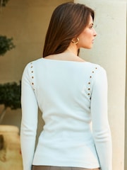 Sosandar Cream Eyelet Detail V-Neck Jumper - Image 2 of 5