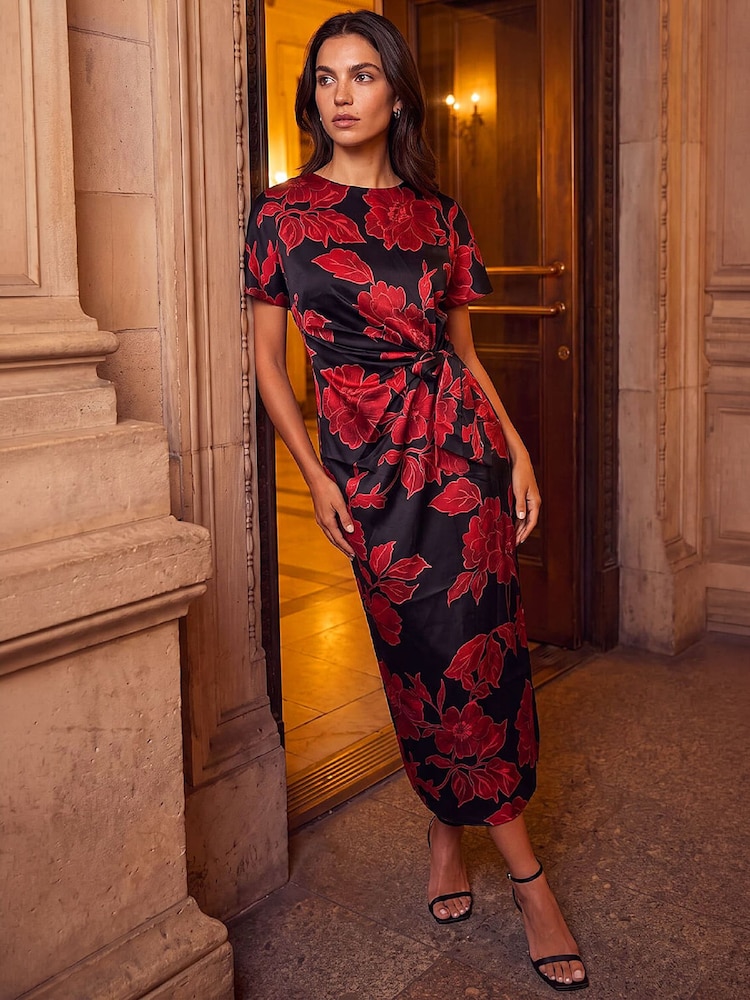 Roman Red Printed Side Tie Dress - Image 1 of 4 Roman Red Printed Side Tie Dress - Image 1 of 4
