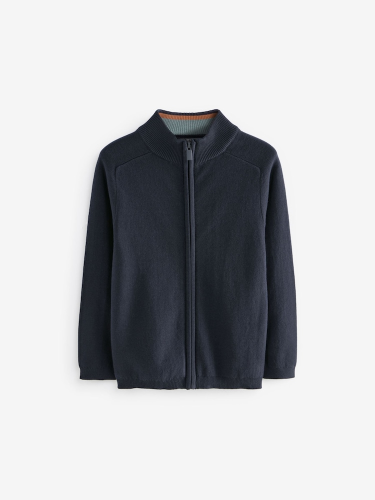 Navy 100% Cotton Zip Through Knitted Cardigan (3-16yrs) - Image 1 of 3