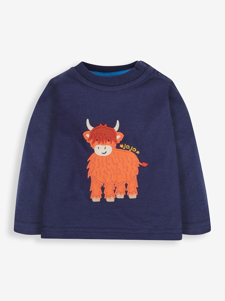 JoJo Maman Bébé Navy 2-Pack Highland Cow Appliqué & Stripe Baby Tops - Image 2 of 6