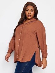 Yours Curve Brown Cuffed Sleeve Shirt - Image 1 of 4